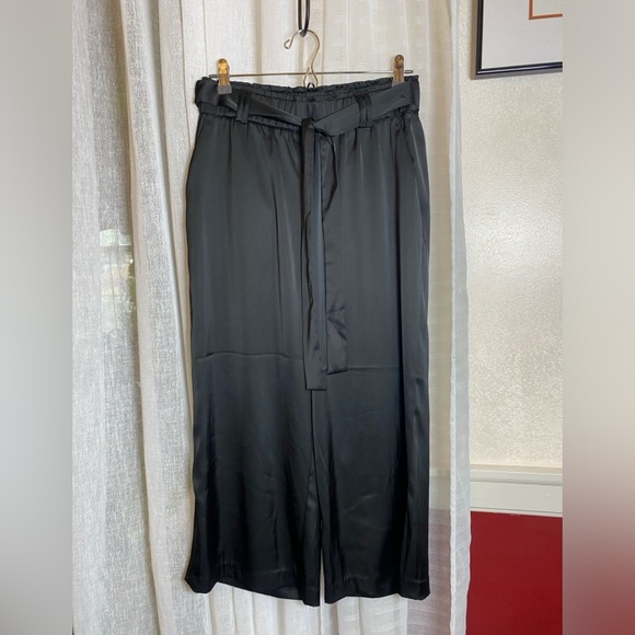 Joie Black Satin Tie-Waist Paperbag Waist Cropped Side Slit Wide Leg Size Small - Picture 10 of 10